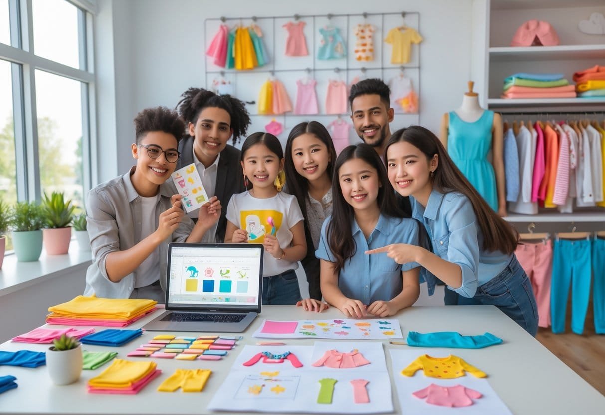 A group of people working together at a desk with kids clothing samples, fabric swatches, sketches, and a laptop in a bright office.