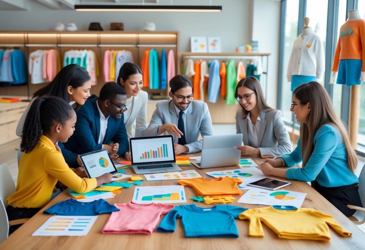 A group of professionals collaborating around a table with children's clothing samples and market research materials in a bright office.