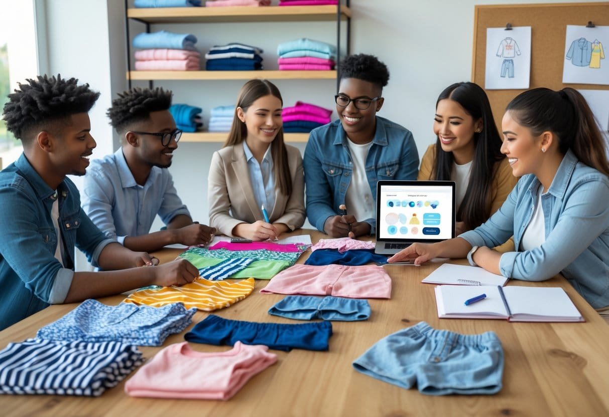 A group of people working together at a table with kids clothing samples, fabric swatches, and laptops in a bright workspace.
