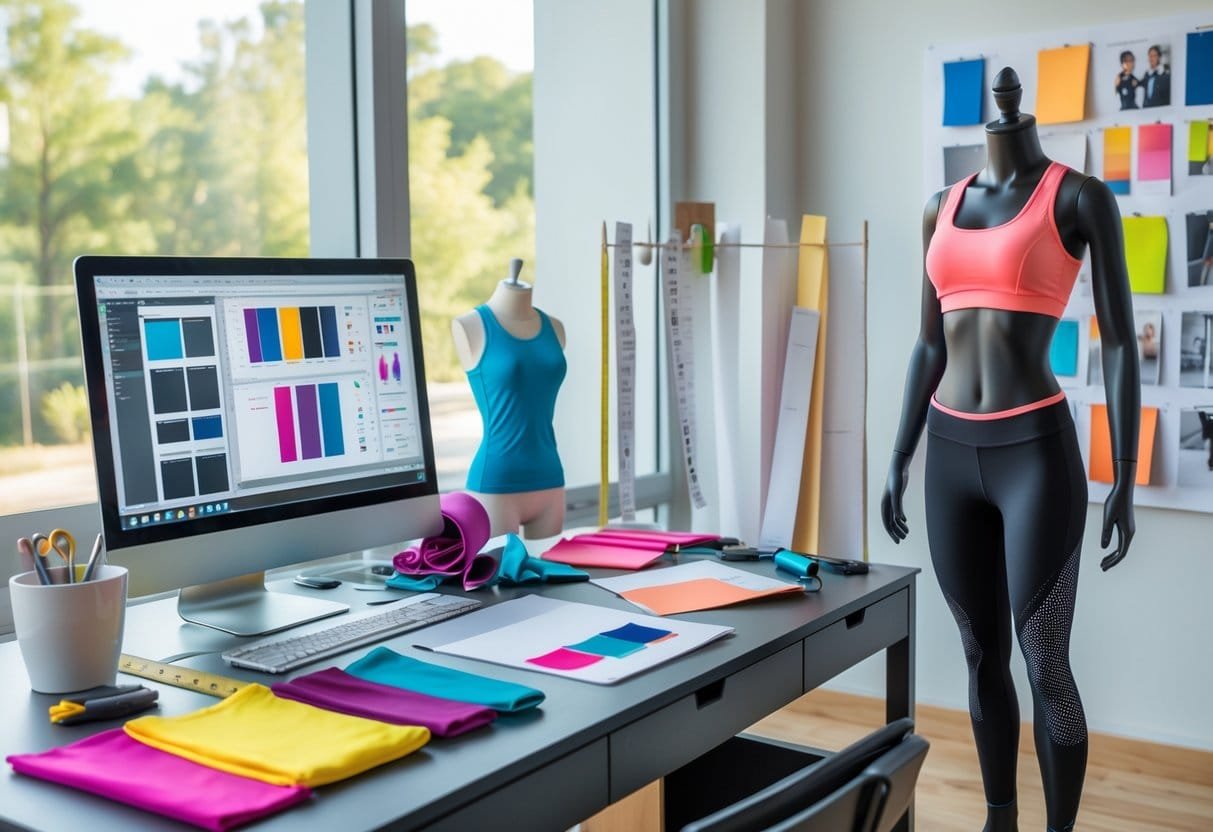 A workspace with a laptop, fabric swatches, sketches, measuring tools, and a mannequin wearing workout clothes next to a mood board.