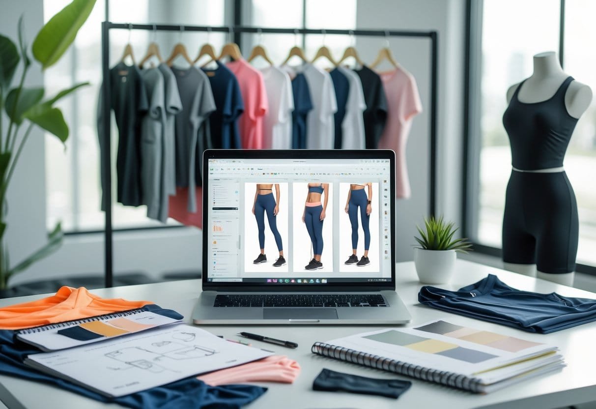 Workspace with laptop, fabric samples, sketches, and a mannequin wearing workout clothes in a bright room.