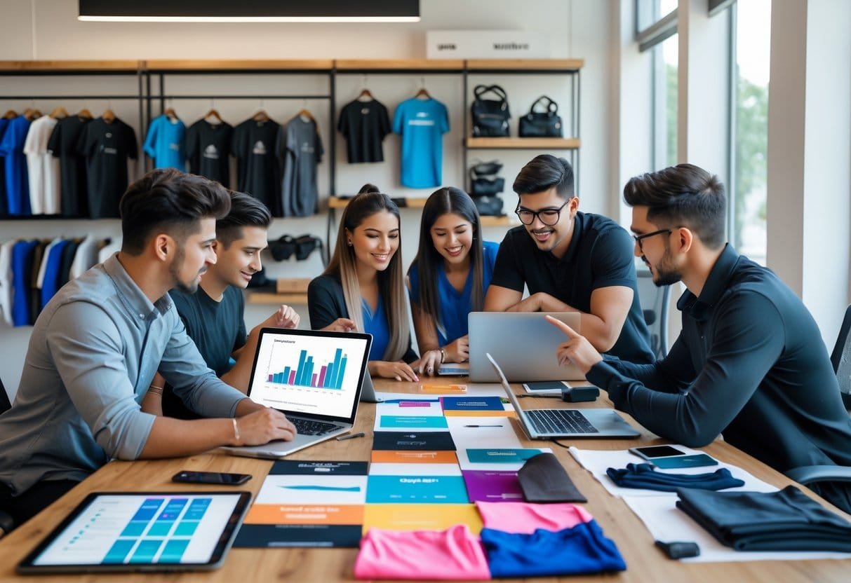 A group of people working together around a table with laptops, charts, and fitness clothing samples in an office.