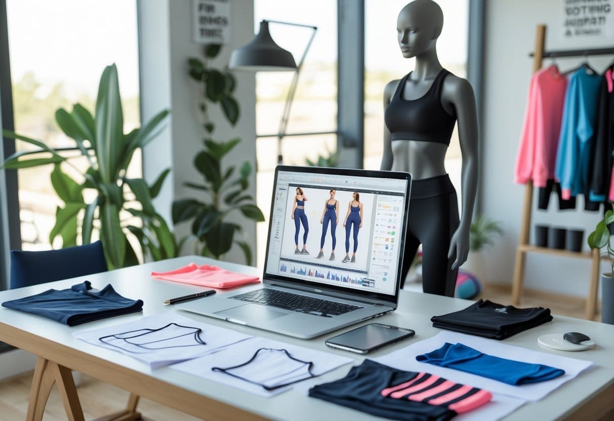 A workspace with sketches, fabric swatches, a laptop showing clothing designs, and a mannequin wearing workout clothes.
