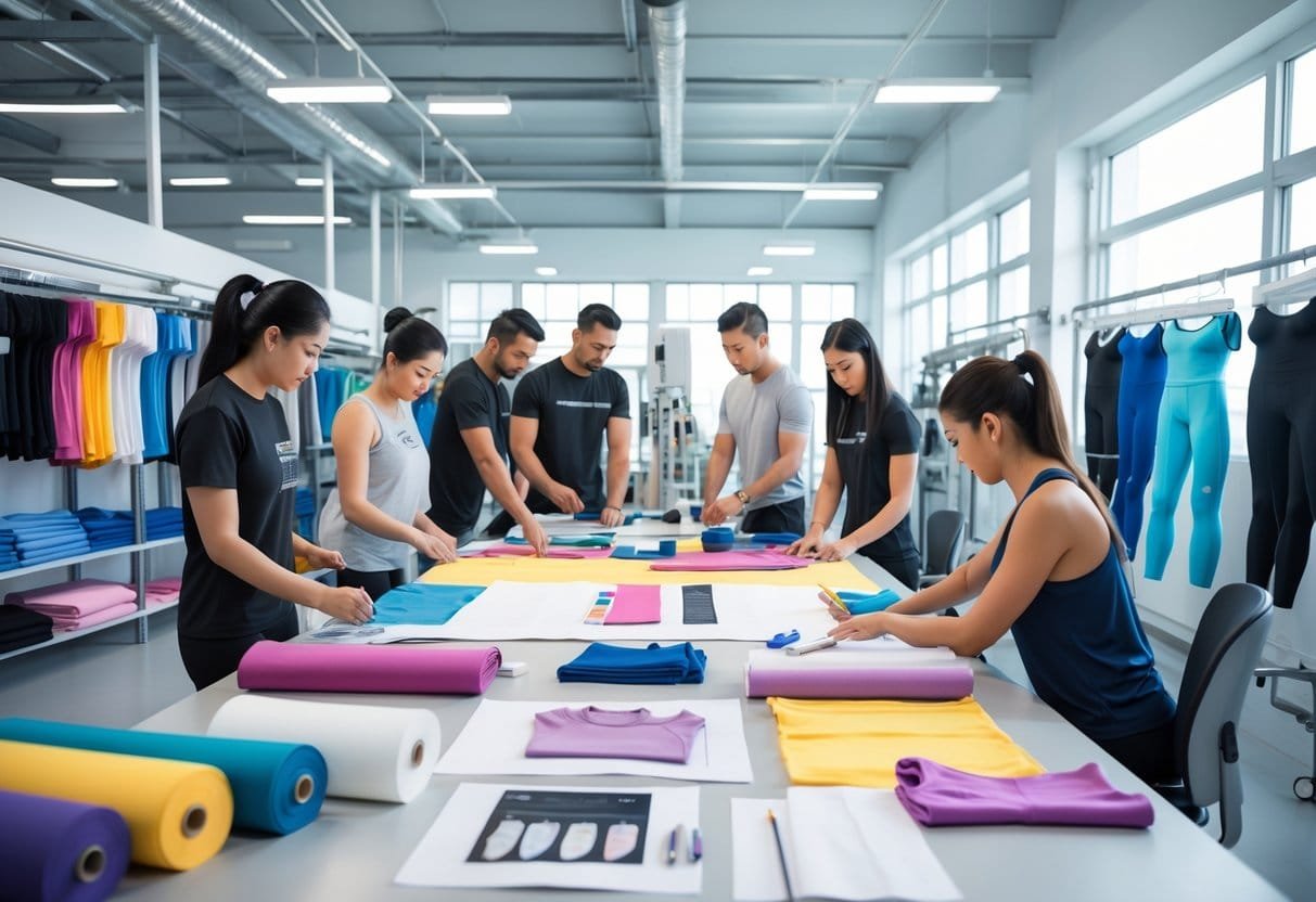 People working with fabrics and sewing machines in a textile studio surrounded by fitness clothing and design materials.