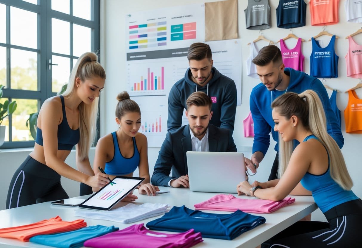 A group of young professionals working together in a bright office with fitness clothing samples and design materials on the table.
