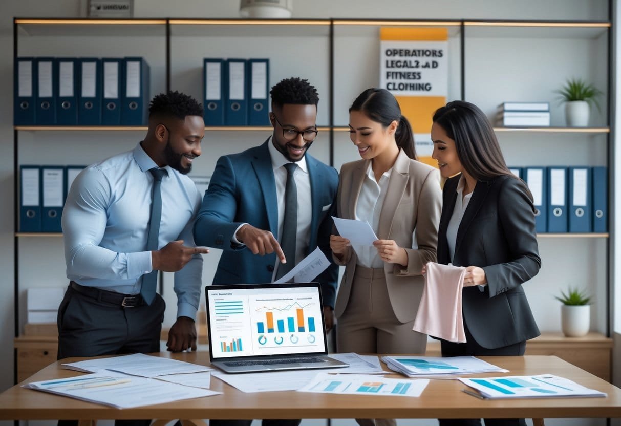Three professionals collaborating at a table with documents, laptop, and fabric samples related to starting a fitness clothing line.