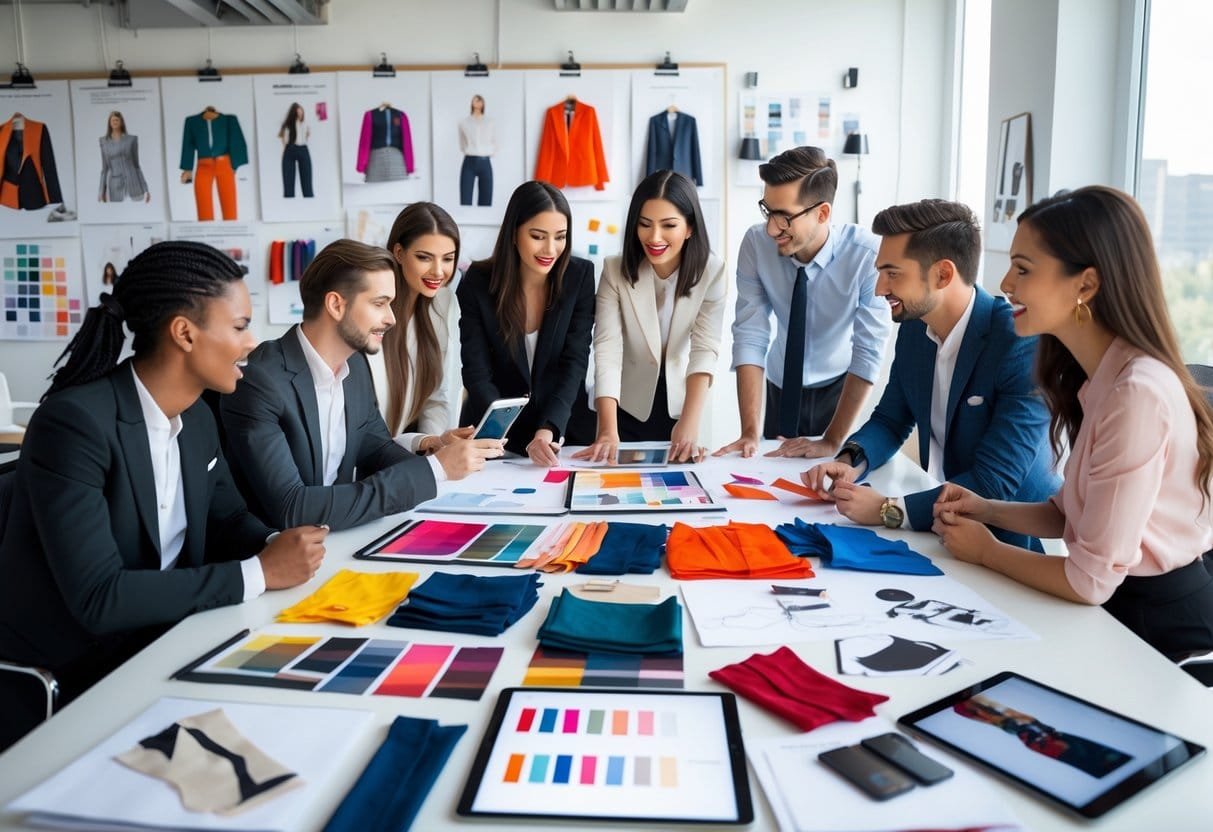 A group of young professionals collaborating around a table covered with fashion materials and digital devices in a bright office.