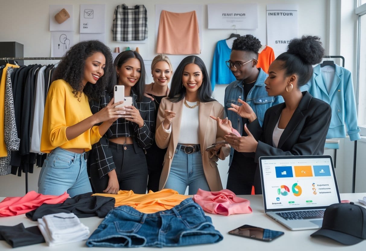 A group of young adults working together in a studio surrounded by clothing racks and marketing materials, discussing fashion marketing strategies.