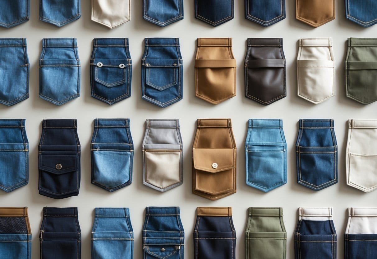 A collection of 21 different types of pockets made from various fabrics arranged neatly on a plain background.