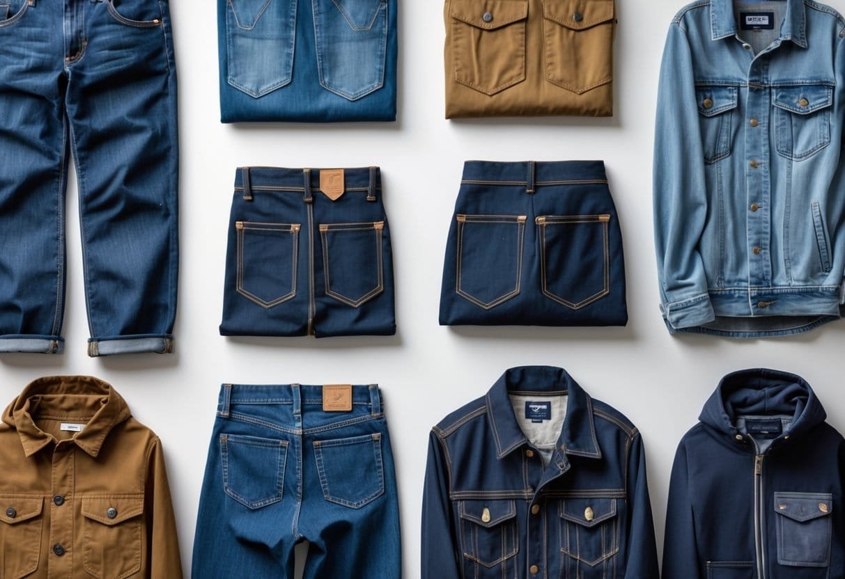 A collection of various clothing items arranged to show 21 different types of pockets used in everyday wear.