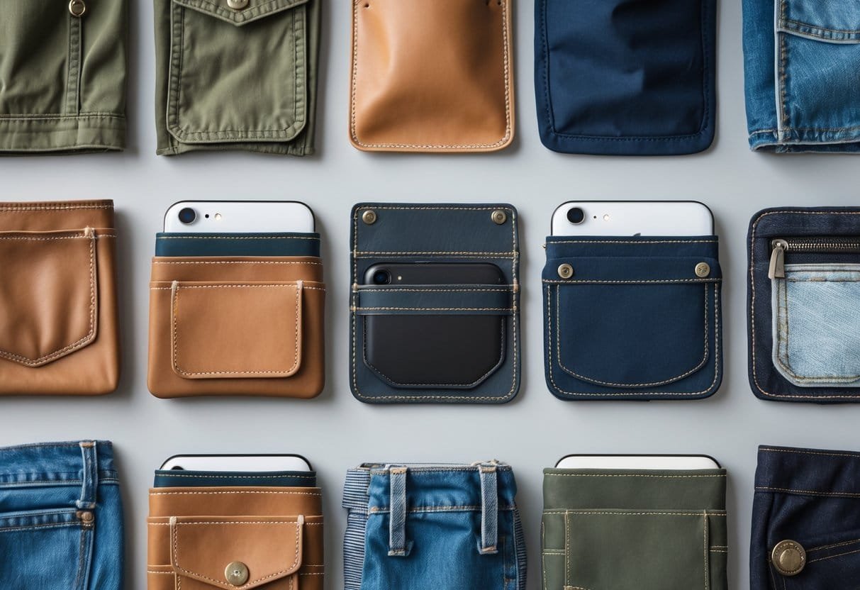 Close-up view of various unique types of pockets on different clothing items and accessories arranged neatly.