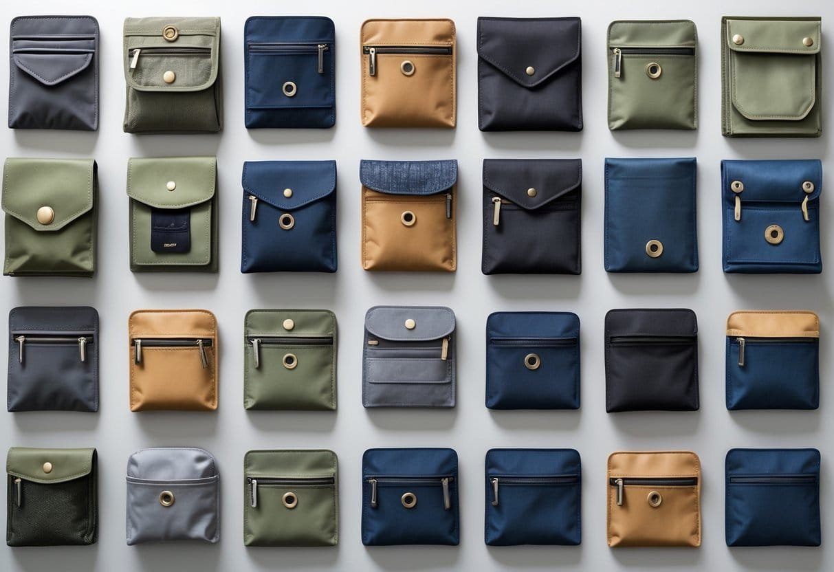 A collection of 21 different types of pockets with various security features displayed on a neutral background.