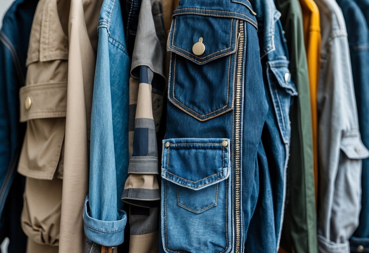 Close-up view of various unique pocket designs on different clothing items arranged together.
