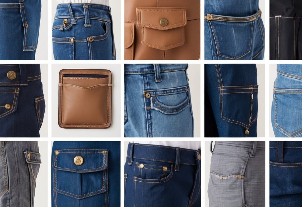 Close-up view of various types of pockets on different garments arranged together.