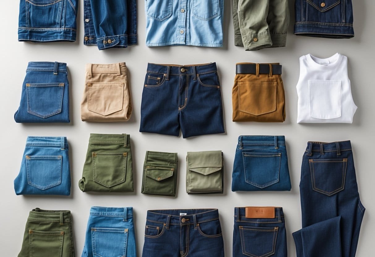 An arrangement of various clothing items showing different types of pockets on a neutral background.