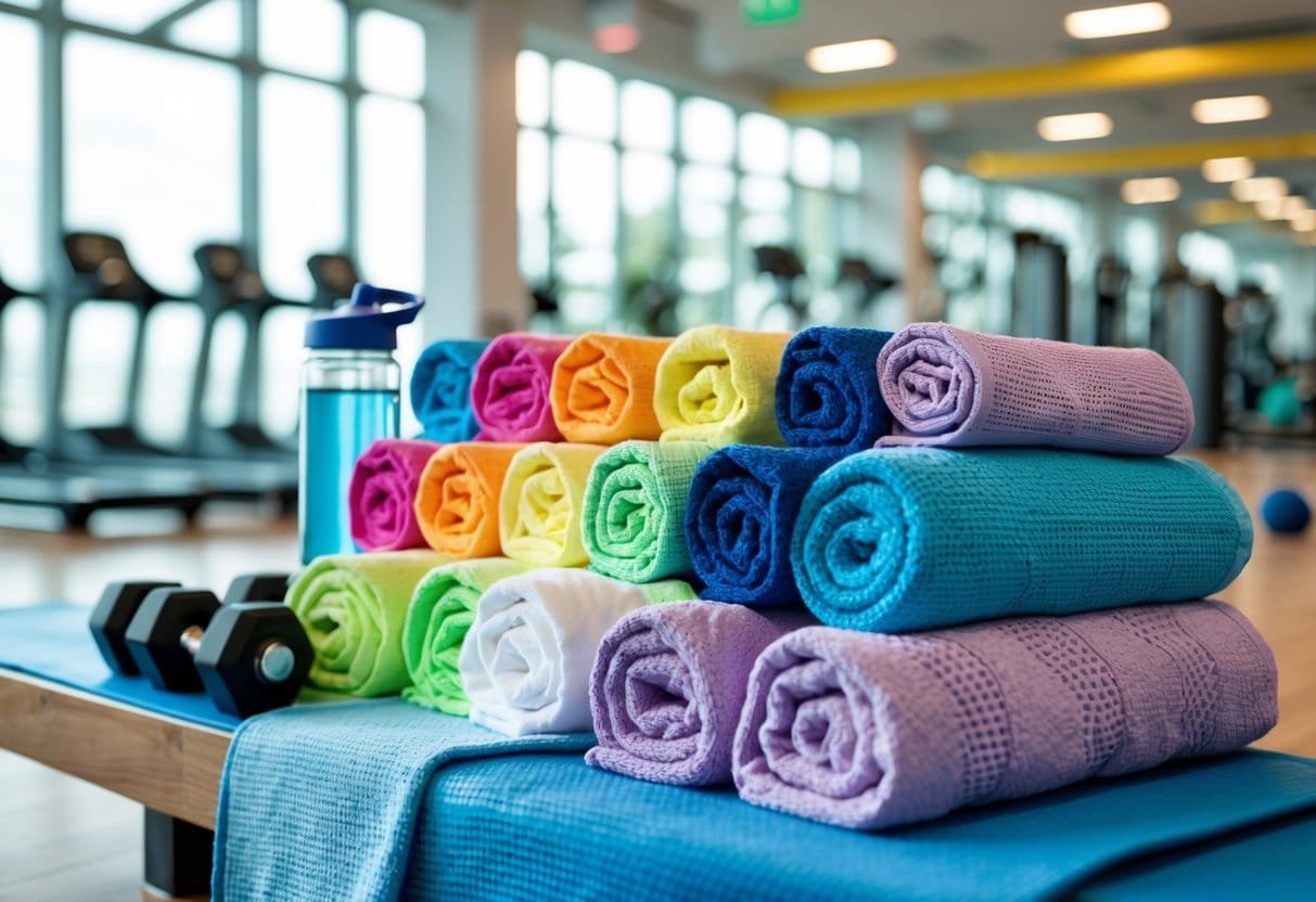A variety of gym towels displayed on a bench next to gym equipment in a bright workout area.