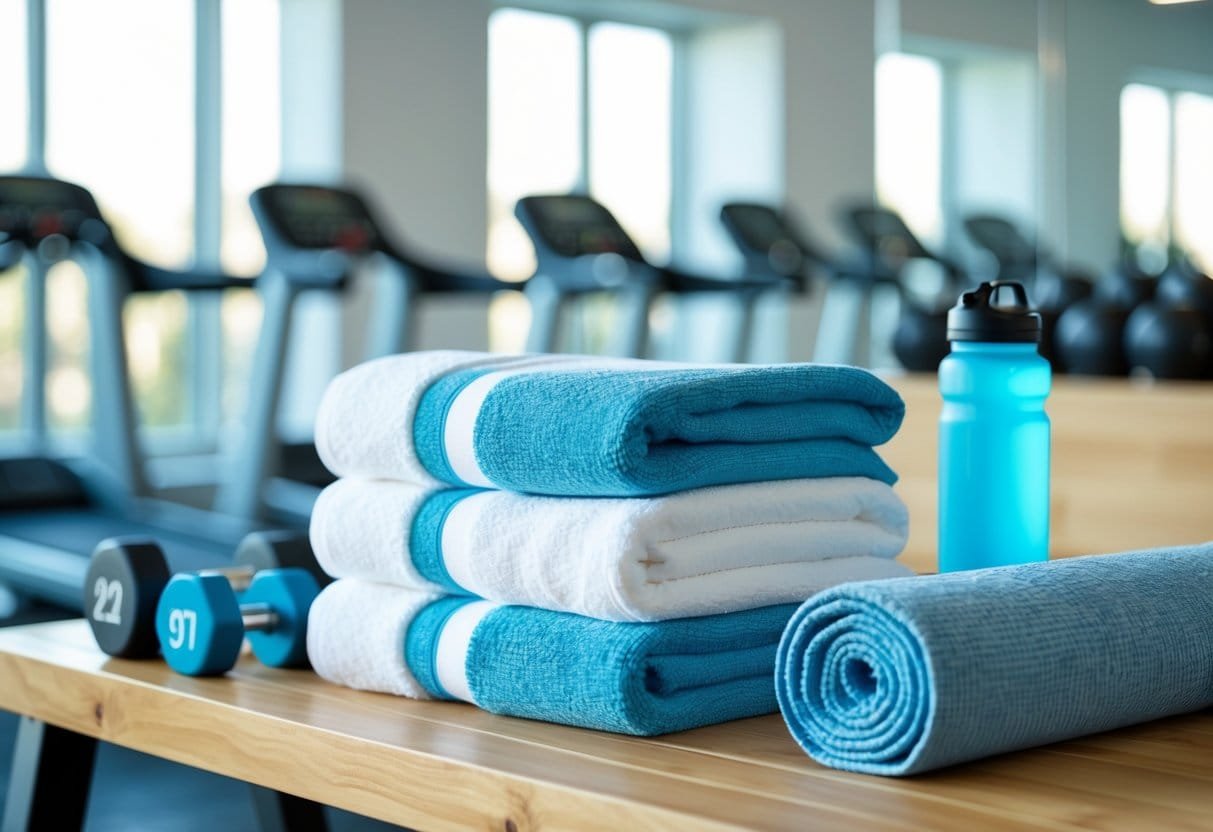 Stack of cotton gym towels on a wooden bench in a bright gym with exercise equipment in the background.