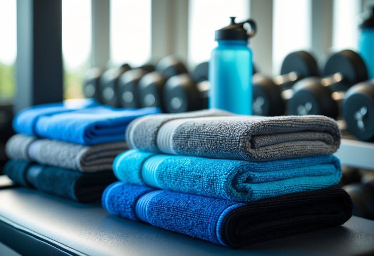 A set of microfiber gym towels neatly arranged on a gym bench with gym equipment in the background.