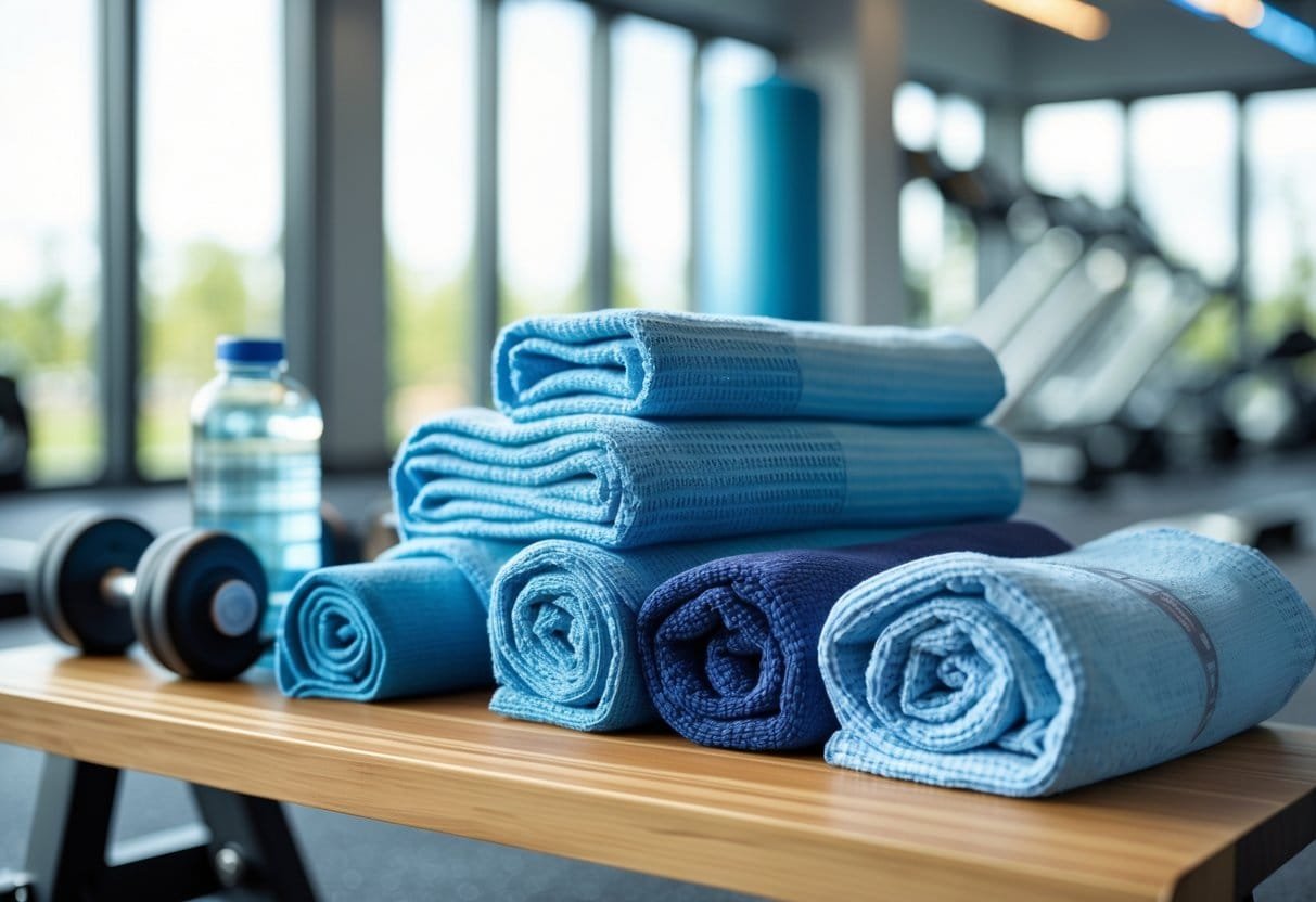 A collection of cooling gym towels displayed on a bench in a bright gym with workout equipment in the background.