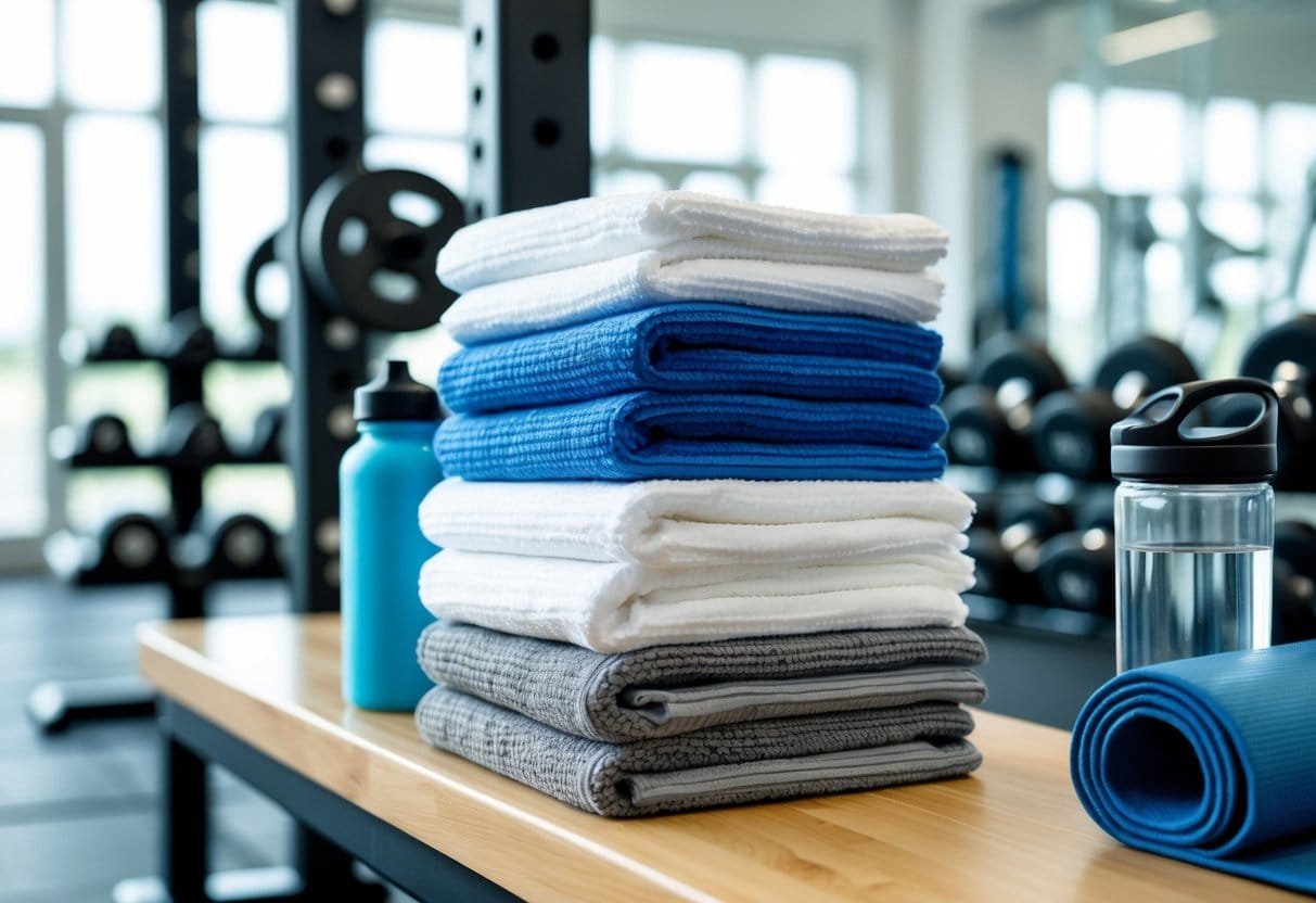Stack of clean gym towels placed on a wooden bench next to gym equipment in a bright gym.
