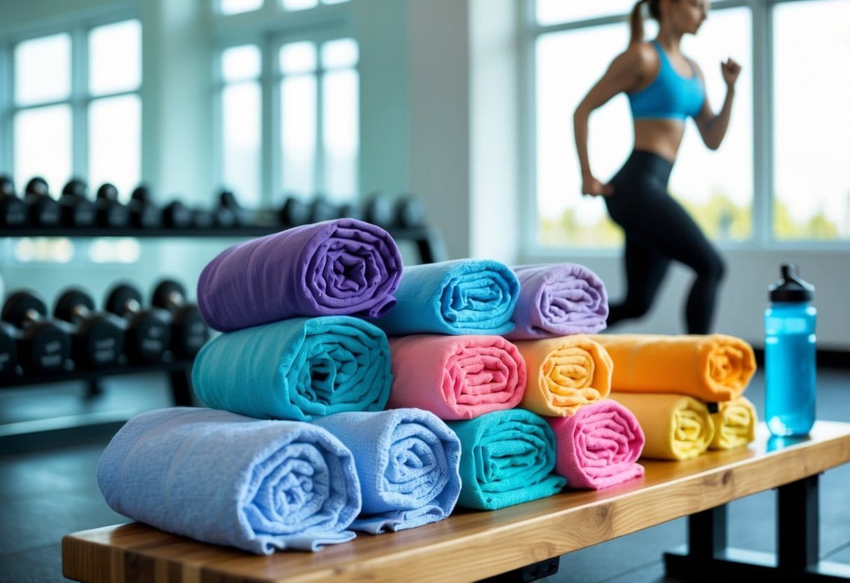 Stacked compact gym towels on a bench next to dumbbells and a water bottle in a bright fitness studio with a person exercising in the background.