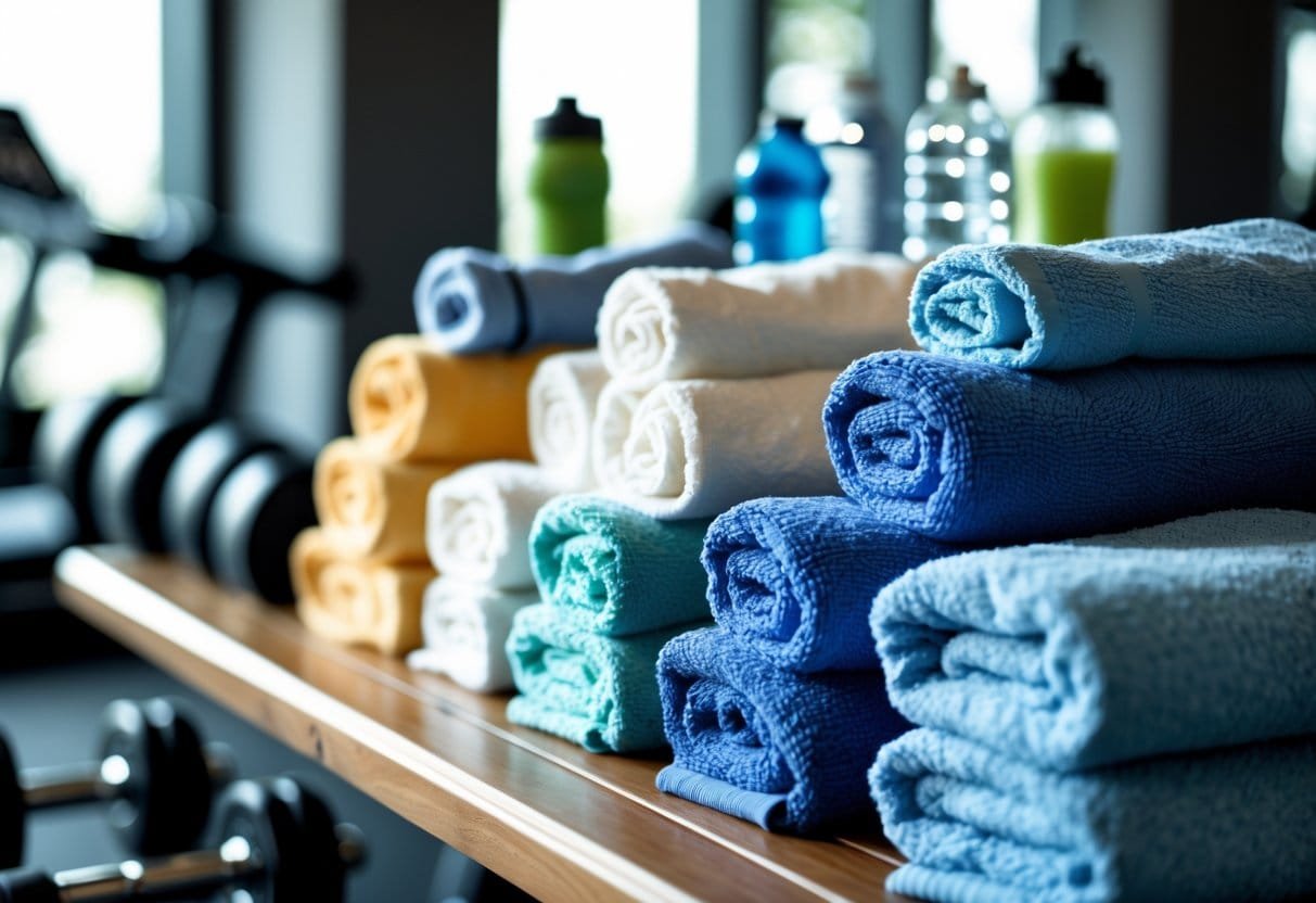 A collection of clean gym towels arranged on a bench with gym equipment in the background.