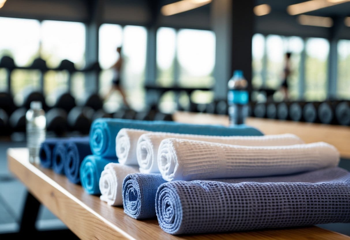 Various gym towels made of different materials arranged on a bench in a fitness studio with gym equipment in the background.