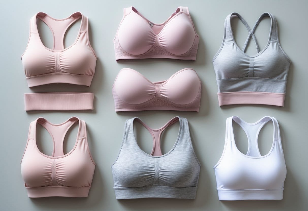 A collection of different low impact sports bras displayed on mannequins and flat lay against a neutral background.