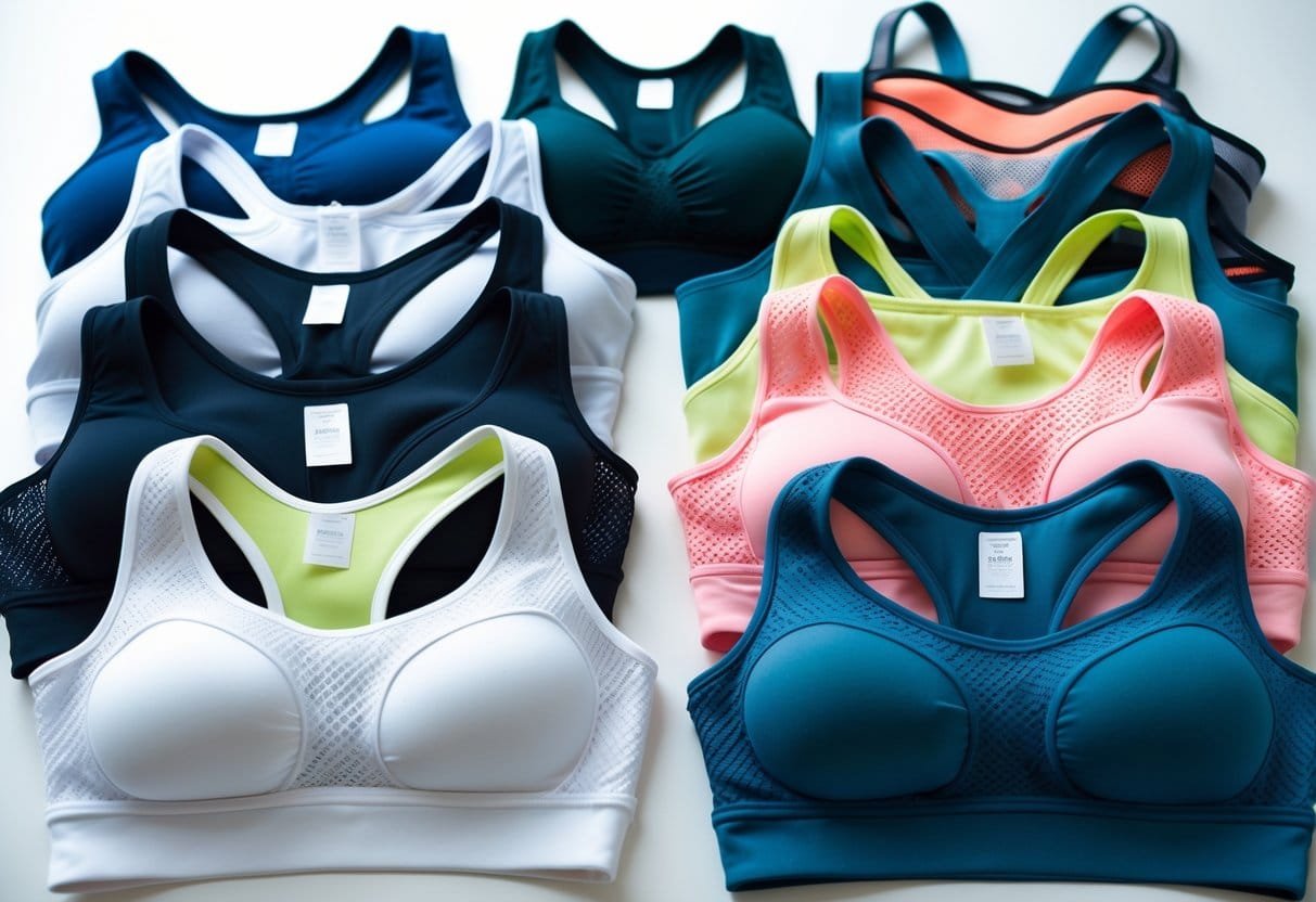 A variety of racerback sports bras in different colors and styles arranged on a white surface.