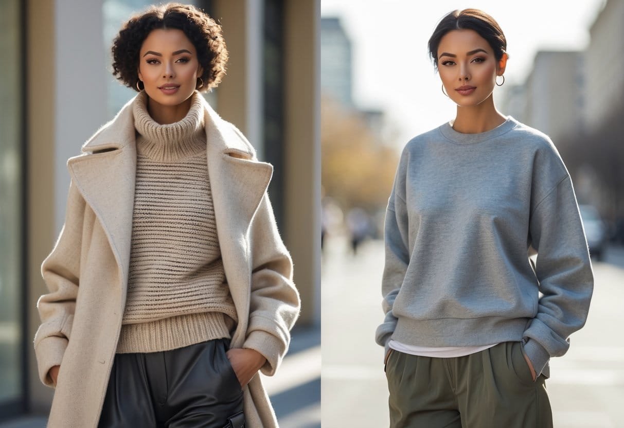 Two people outdoors wearing layered clothing; one has a sweater under a coat, the other wears a sweatshirt as outerwear.