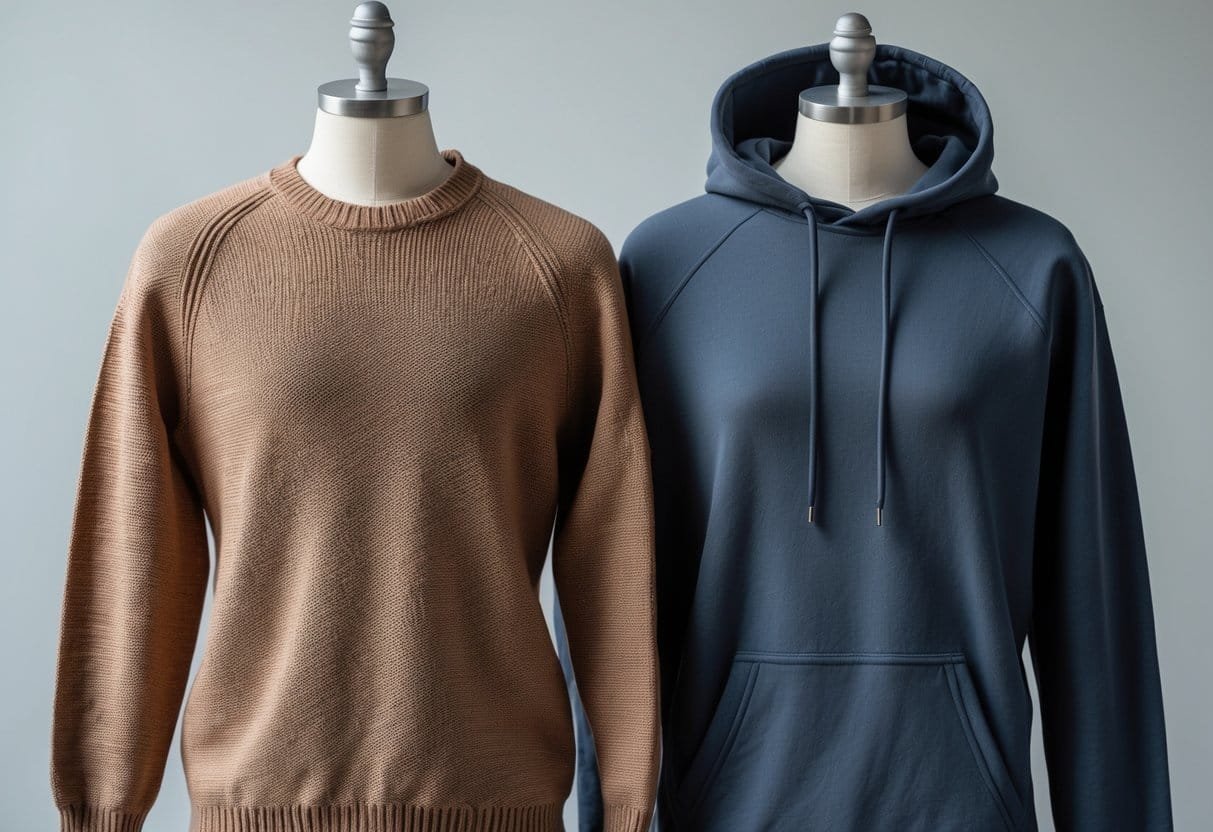 Two garments side by side on a neutral background, one knitted sweater and one cotton sweatshirt, showing their different styles and materials.