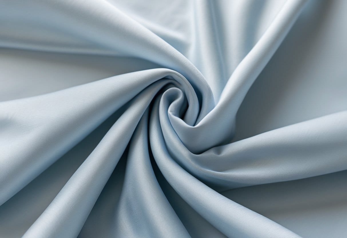 Close-up view of smooth, shiny nylon fabric with fine weave details gently folded.