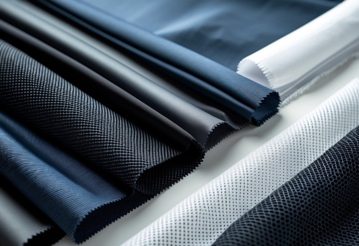 Close-up view of various nylon fabric samples showing different textures and patterns arranged on a white surface.
