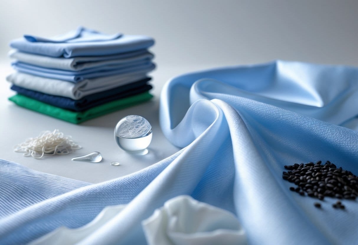 Close-up of nylon fabric with smooth texture, lightweight clothing items, a water droplet on the fabric, and small synthetic fiber scraps on a neutral background.