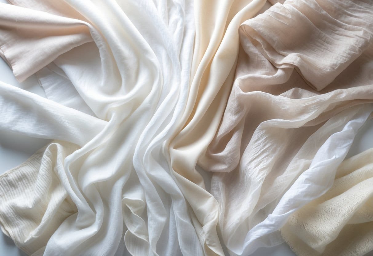 A collection of 29 different lightweight fabrics for clothing arranged on a white surface, showing various soft colors and delicate textures.