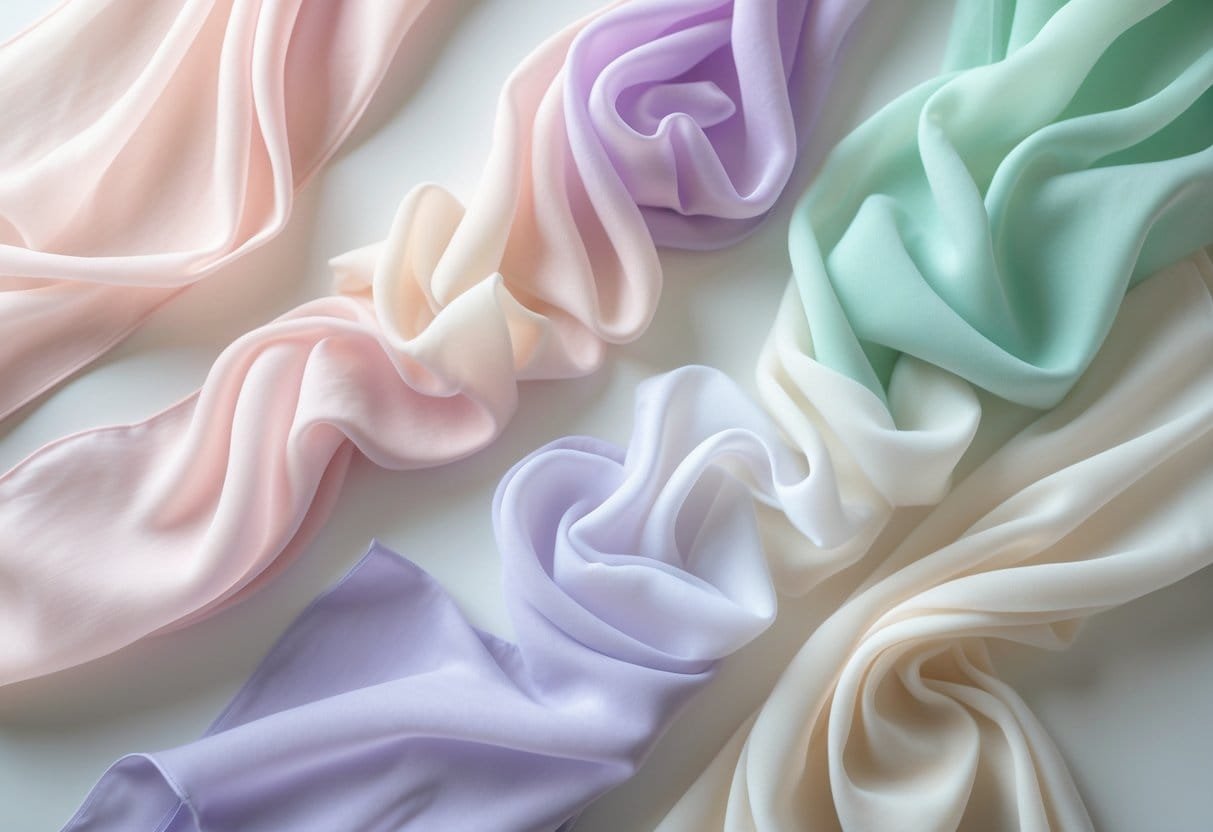 A collection of 29 lightweight chiffon fabric samples in various pastel and neutral colors, arranged in soft folds on a white surface.