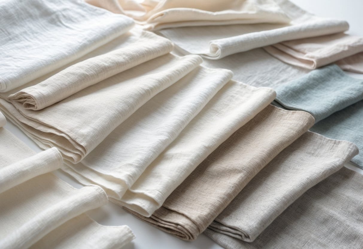 A collection of 29 light-colored linen fabric swatches arranged neatly on a white surface, showing various shades and textures.