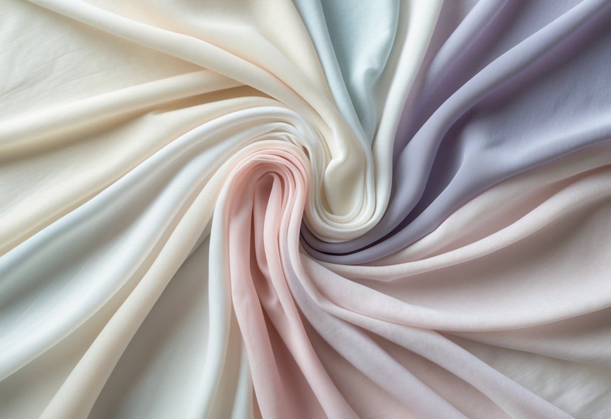 An arrangement of 29 light pastel silk georgette fabric samples displayed in soft folds on a neutral background.