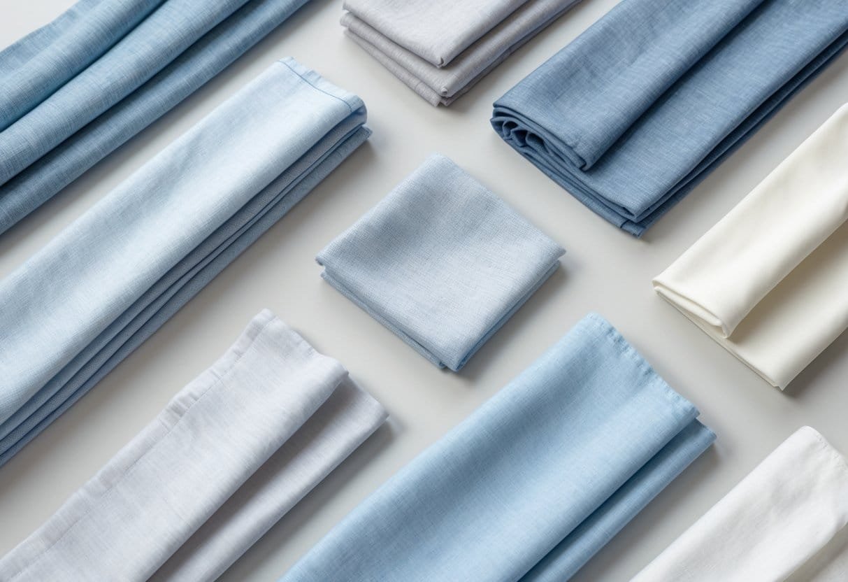 A collection of 29 light chambray fabric swatches in various shades of blue and gray arranged neatly on a neutral background.