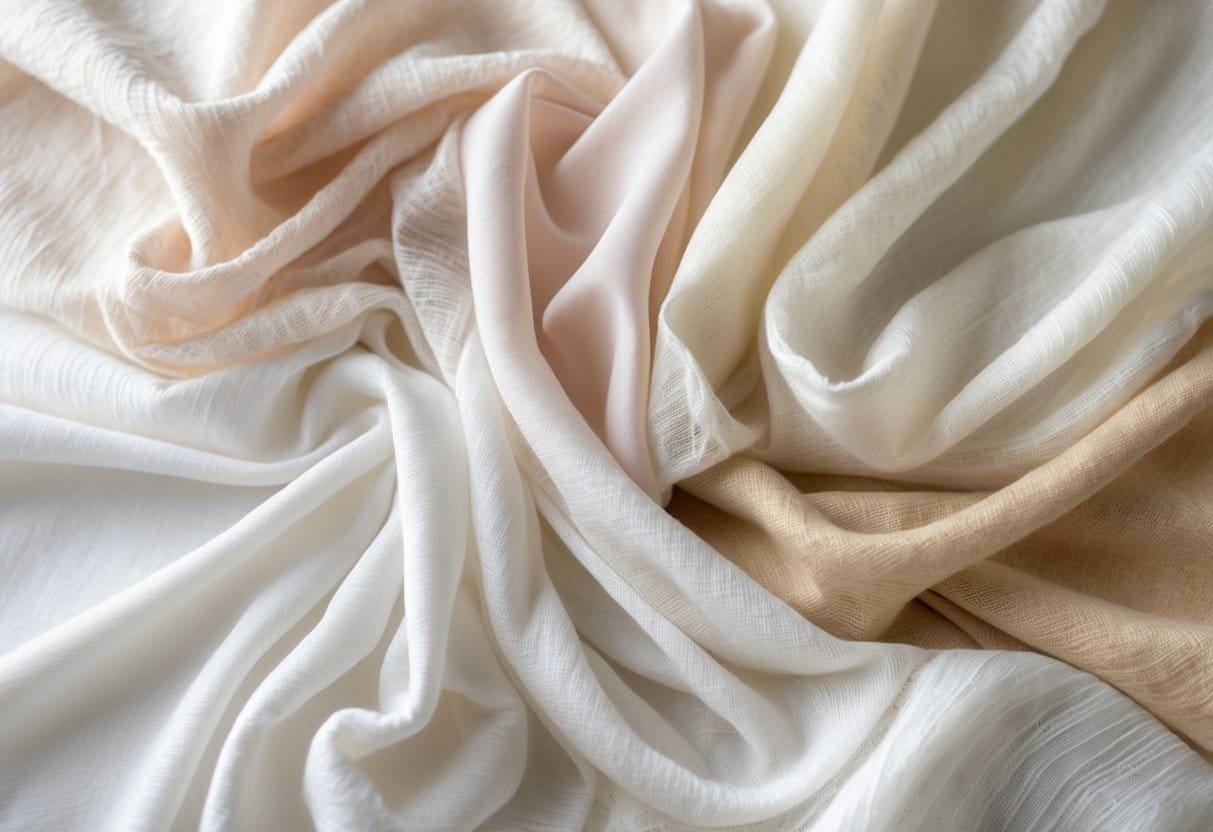 A collection of 29 different lightweight batiste fabrics displayed in soft folds on a neutral background.