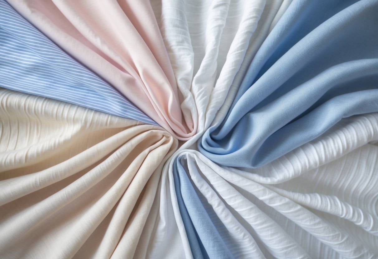 A collection of 29 light seersucker fabrics arranged to show their texture and colors on a neutral background.