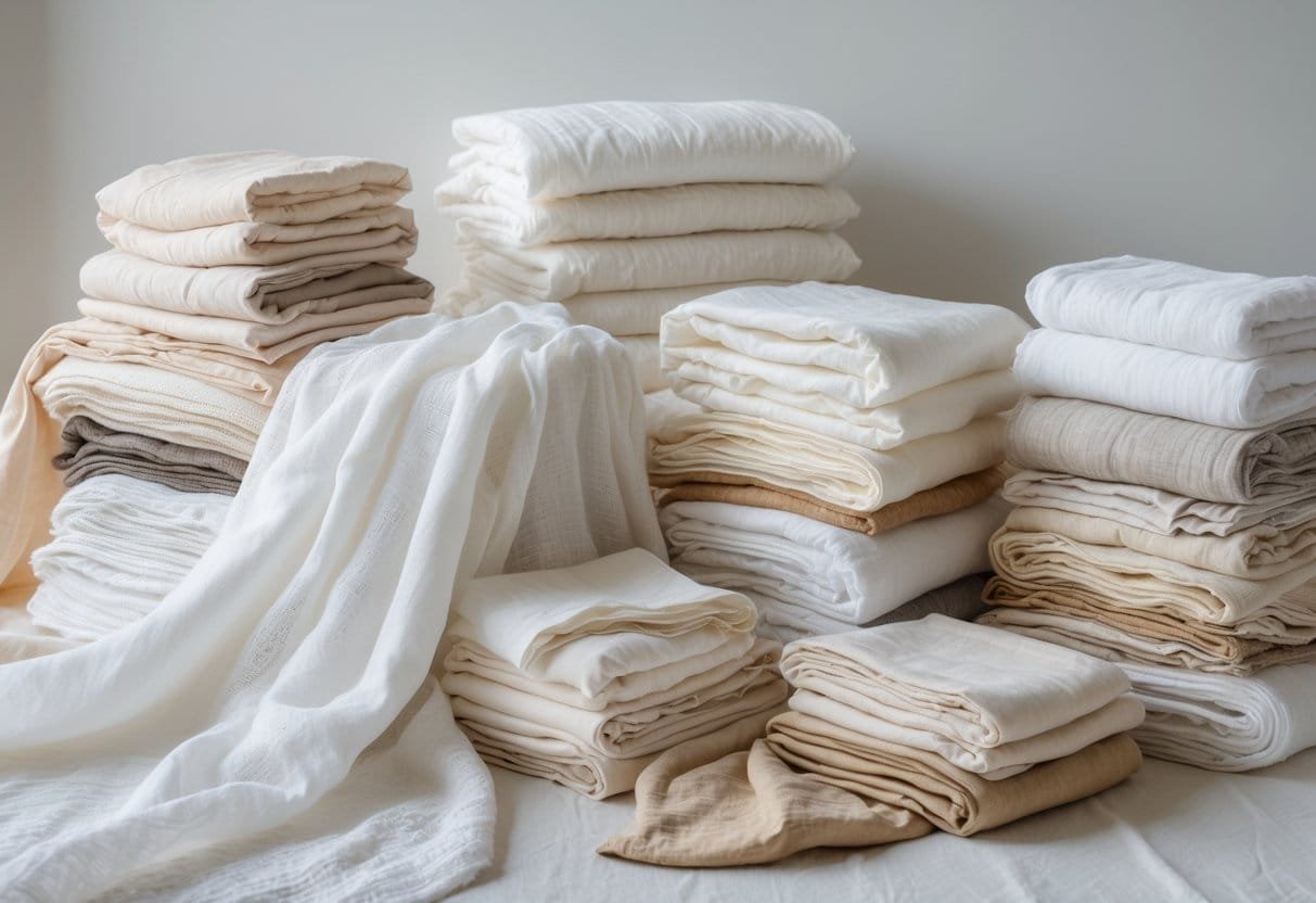 A collection of 29 light muslin fabric samples arranged on a neutral surface, showing different textures and soft colors.