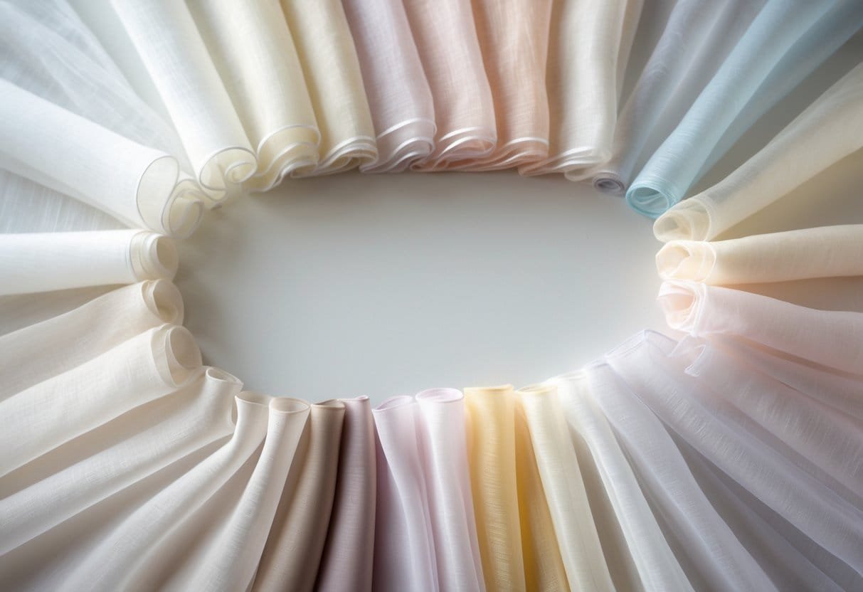 A collection of 29 light, sheer organza fabric samples arranged neatly on a neutral background.