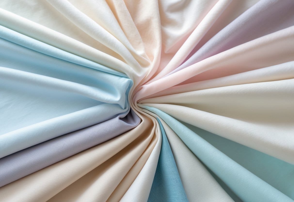 A collection of 29 light-colored lightweight poplin fabric swatches arranged neatly on a plain background.