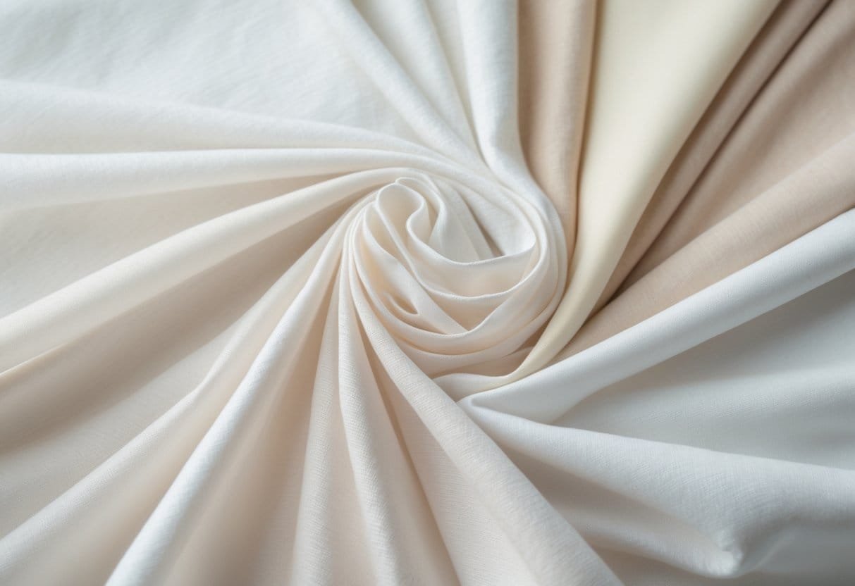A collection of 29 light-colored cotton fabric swatches arranged neatly on a neutral background.