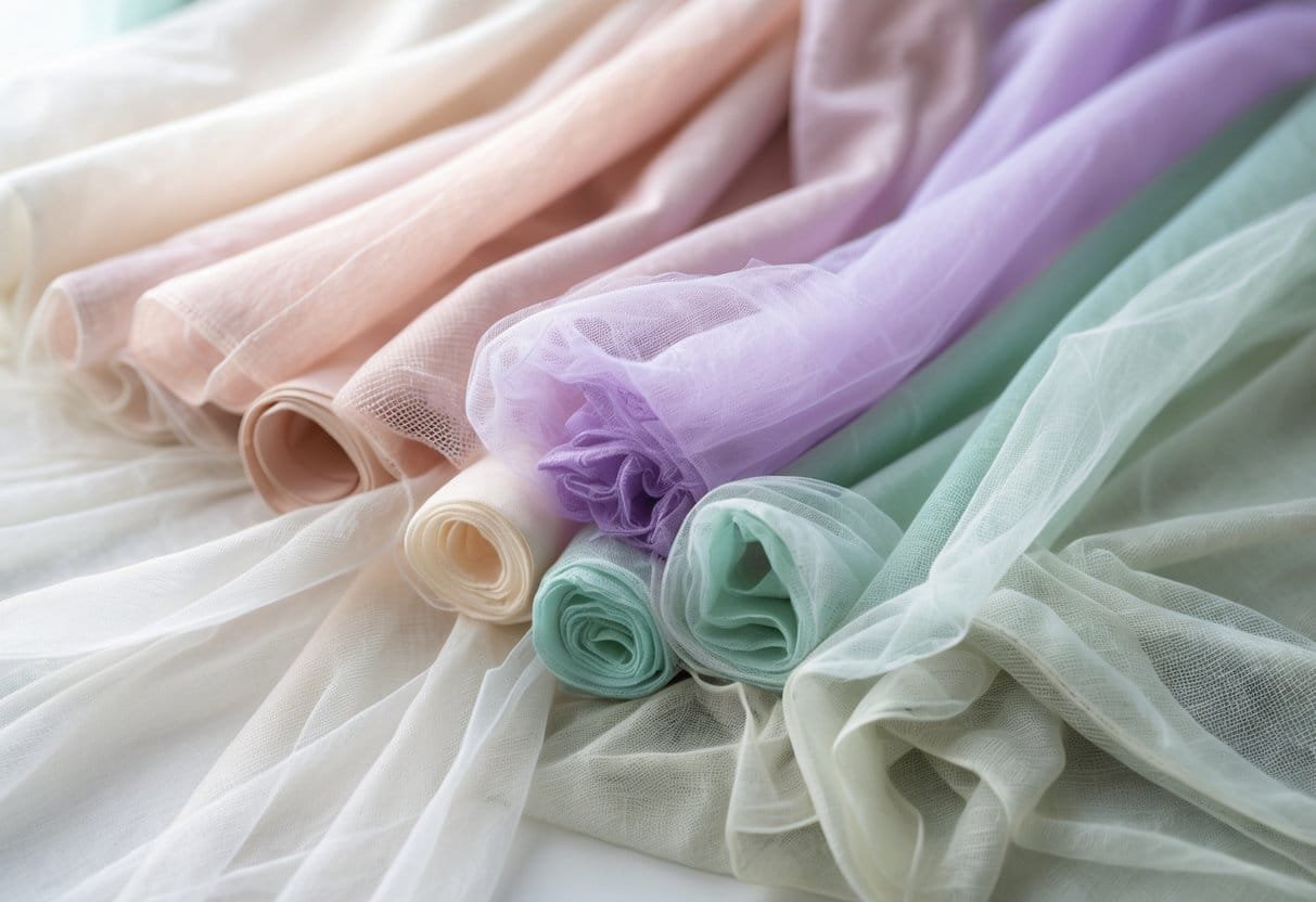 A collection of various sheer and lightweight fabrics in soft pastel colors arranged in gentle folds on a neutral background.