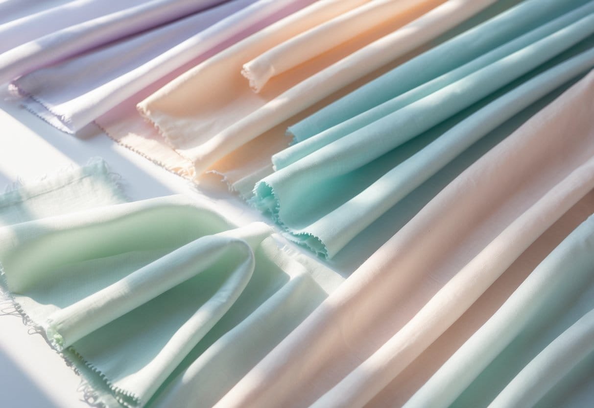 A flat lay of 29 pastel-colored lightweight cotton fabrics arranged neatly on a white surface.