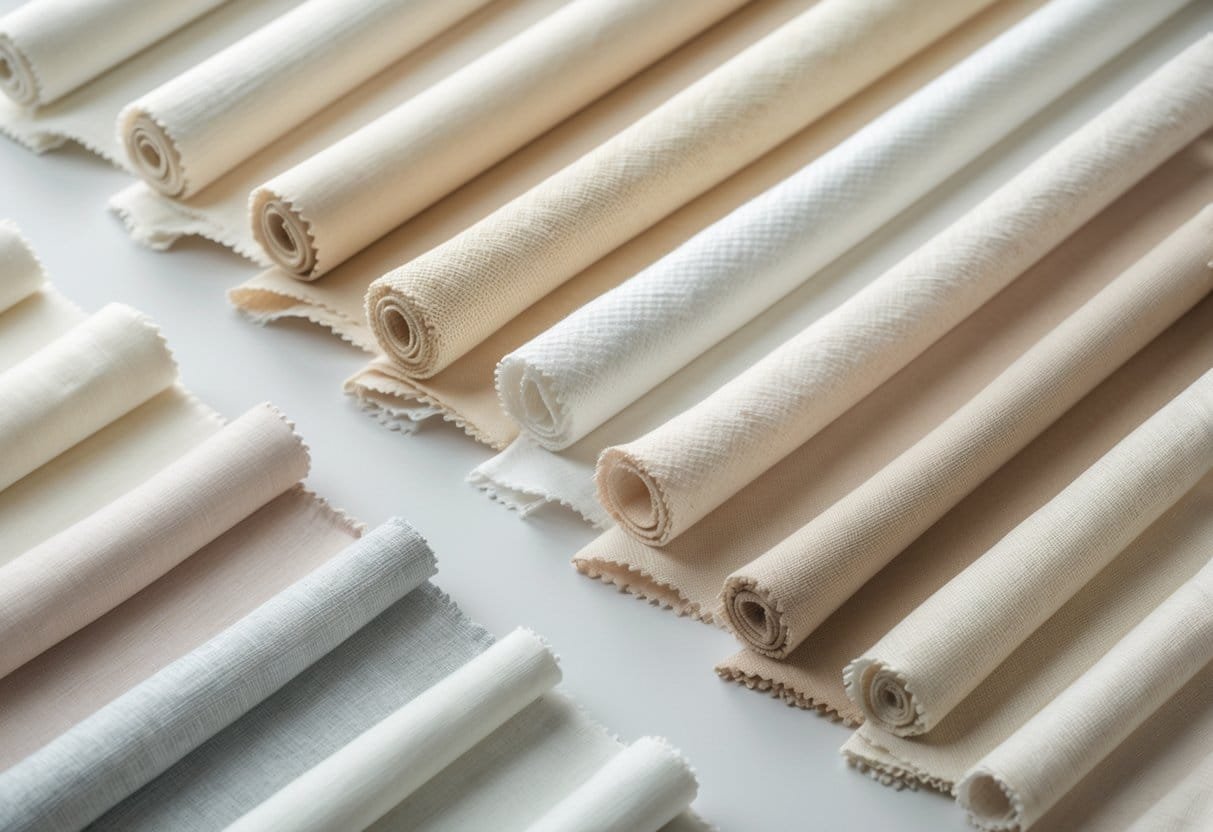 A collection of 29 lightweight bamboo fabric swatches in light colors arranged neatly on a plain background.