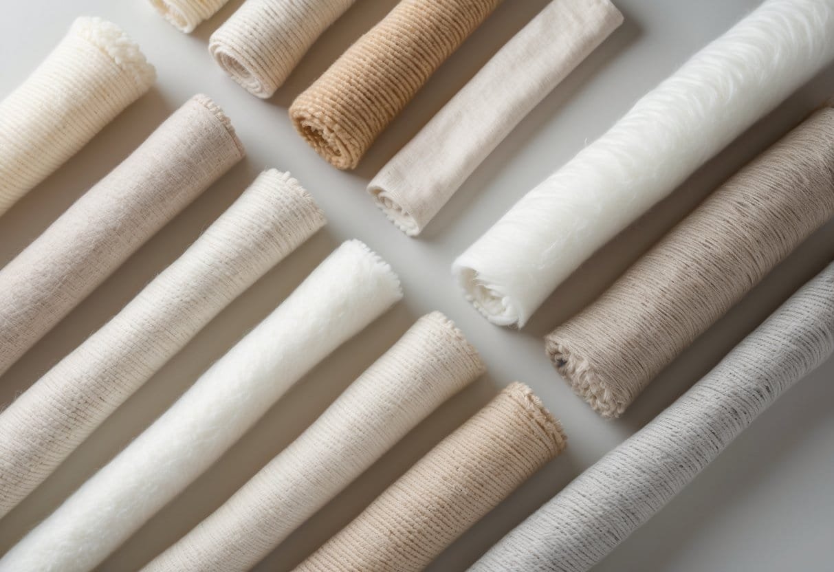 A collection of 29 light-colored alpaca wool fabric swatches arranged neatly on a neutral background.