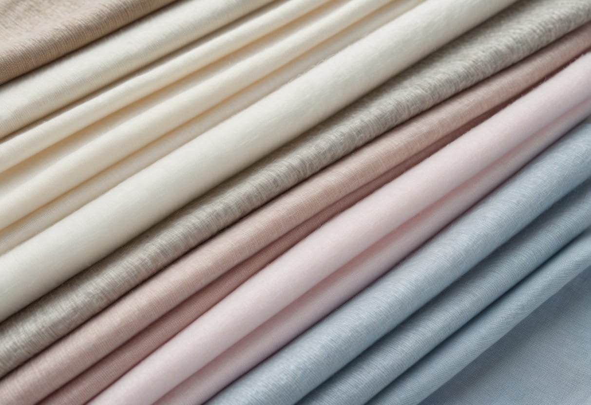 A collection of 29 lightweight cashmere fabric swatches in soft pastel colors arranged neatly on a neutral background.